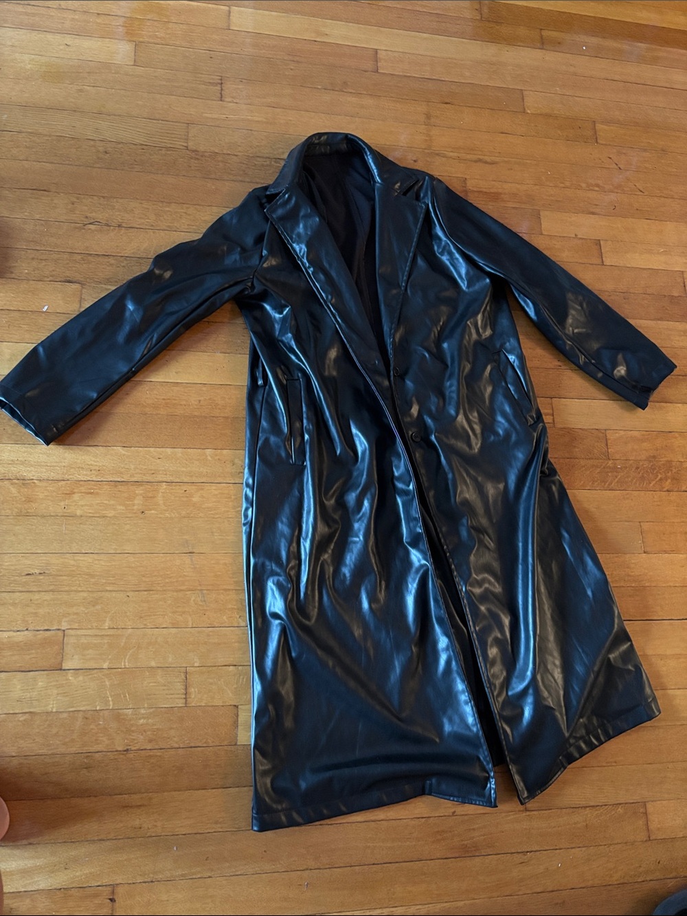 Black Faux Leather Long Trench Coat